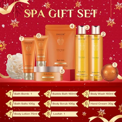 Spa Gift for Women, Teacher Appreciation Gifts DOCER Luxury 8 Pcs Spa Passion Tango Scent 2024 Gift Baskets for Women Includes Bath Bomb Salt Body Lotion Hand Scream Holiday Birthday Gifts for Women