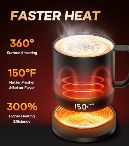 Temperature Control Smart Mug, Self-Heating Coffee Mug with Double-Sided & Real-Time Temperature LED Display, Surround Heating, Improved Waterproof Design, Gifts for Friends, Parents(Black – 14 oz)