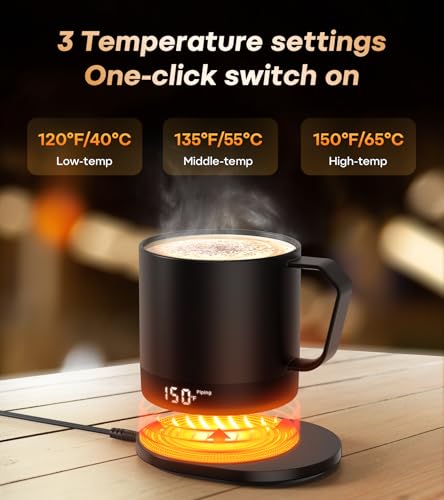 Temperature Control Smart Mug, Self-Heating Coffee Mug with Double-Sided & Real-Time Temperature LED Display, Surround Heating, Improved Waterproof Design, Gifts for Friends, Parents(Black – 14 oz)