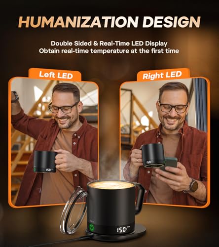 Temperature Control Smart Mug, Self-Heating Coffee Mug with Double-Sided & Real-Time Temperature LED Display, Surround Heating, Improved Waterproof Design, Gifts for Friends, Parents(Black – 14 oz)