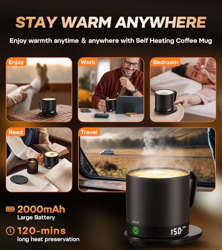 Temperature Control Smart Mug, Self-Heating Coffee Mug with Double-Sided & Real-Time Temperature LED Display, Surround Heating, Improved Waterproof Design, Gifts for Friends, Parents(Black – 14 oz)