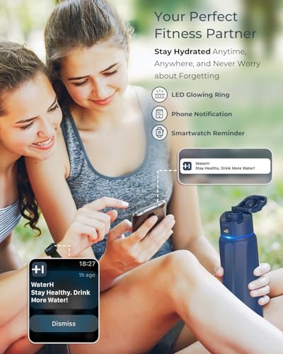 WATERH BOOST Smart Water Bottle with Reminder to Drink Water & Water Tracker Bottle - Double Wall Vacuum Insulated Water Bottle Stainless Steel, Wide Mouth 32 oz Water Bottles, Ideal for Gift - Blue