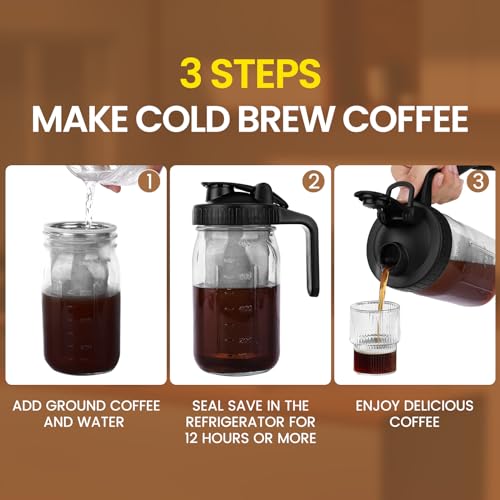 Cold Brew Coffee Maker, 32oz Cold Brew Pitcher with Stainless Steel Super Dense Filter, Durable Glass, BPA Free Sturdy Mason jar, for Iced Brew Coffee, Lemonade, Homemade Fruit Drinks Container