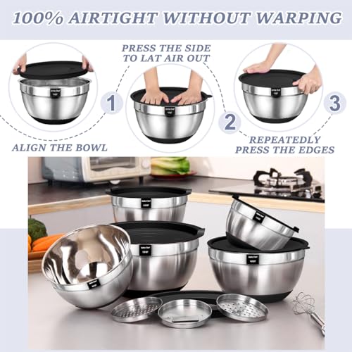 Umite Chef Mixing Bowls with Airtight Lids, 8PCS Stainless Steel Nesting Mixing Bowls Set, 3 Grater Attachments & Non-Slip Bottoms, Black Kitchen Bowls, Size 5, 4, 3.5, 2, 1.5QT for Baking & Serving