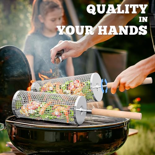 Ivtivfu Nesting Grill Baskets (2PCS), Removable Wooden Handle, 304 Stainless Steel, Rolling Grilling Net, BBQ Accessories Tools for Vegetables Shrimp, Outdoor Cooking Camping, Gifts for Men Dad Husband