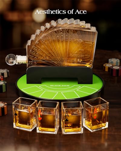 Kollea Blackjack Whiskey Decanter Set, 37.2 Oz Whiskey Decanter with 4 Glasses, Casino Style Decanter for Liquor, Funny Birthday Gifts for Men Dad, Him Fathers Day, Blackjack Game Night Essentials