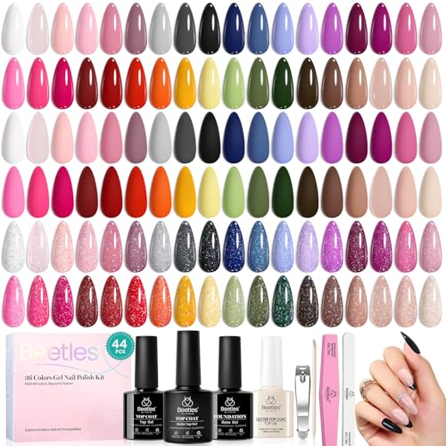 beetles Gel Polish 44 PCS Gel Nail Polish Set-36 Colors Gel Polish Set Base Coat Glossy Matte & Glitter Top Coat Colorful Muse Collection Nude White Pink Red Blue Gel Gifts for Women Summer