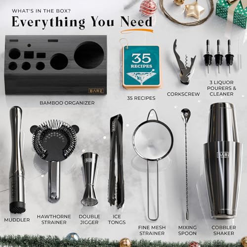 BARE BARREL® Mixology Bartender Kit Bar Set | 14-Piece Cocktail Shaker Set | Martini Barware Mixing Tools for Home Bartending | Incl. 35 Recipe Cards | Gift Set (28oz Boston Shaker, Jet Black/Black)