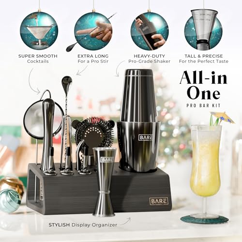 BARE BARREL® Mixology Bartender Kit Bar Set | 14-Piece Cocktail Shaker Set | Martini Barware Mixing Tools for Home Bartending | Incl. 35 Recipe Cards | Gift Set (28oz Boston Shaker, Jet Black/Black)