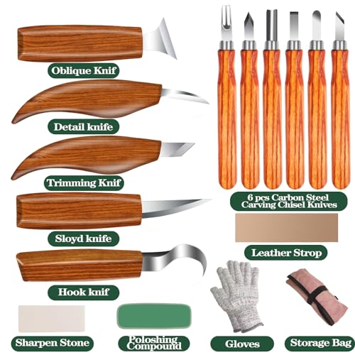 Wood Carving Kit 16PCS Wood Carving Tools Hand Carving Knife Set with Anti-Slip Cut-Resistant Gloves, Whittling Knife - Wood Carving Kit with Tools DIY and Carving Knifes for Adults, Beginners, Kids.