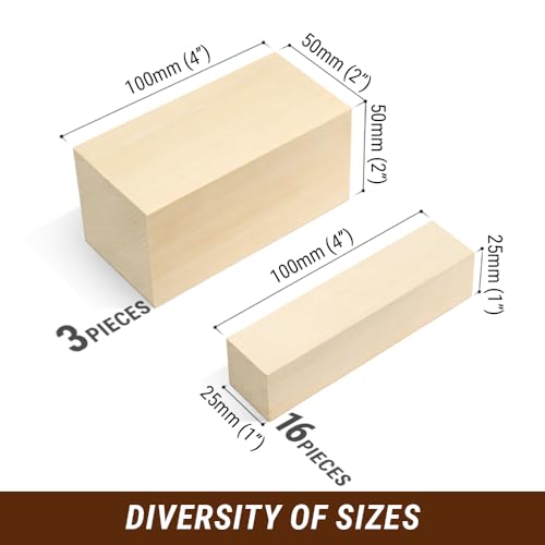 BeaverCraft BW19 Basswood Carving Blocks Whittling Wood Carving Kit 19PCS Wooden Blocks for Crafts Bass Wood for Carving - Unfinished Wood Blocks Set Craft Soft Wood Carving Blocks, Piece of Wood