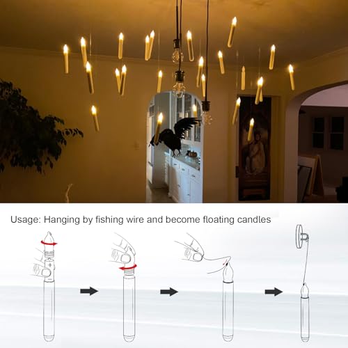 Floating Candles with Wand, 12 Pcs Magic Hanging Candles Flameless, Flickering Warm Light LED Taper Candle with Wand Remote, Battery Operated Window Candle Set for Halloween Witch Wizzard Decors