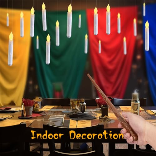 Floating Candles with Wand, 12 Pcs Magic Hanging Candles Flameless, Flickering Warm Light LED Taper Candle with Wand Remote, Battery Operated Window Candle Set for Halloween Witch Wizzard Decors