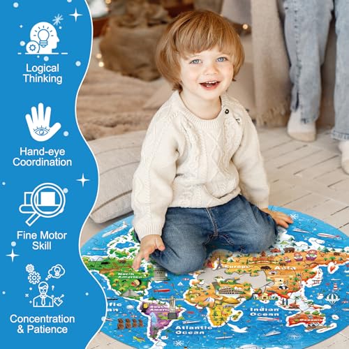 World Map Round Jigsaw Puzzles,Geography Floor Puzzle for Kids,Large 70 Piece Puzzle for Toddler Ages 3-5,Preschool Learning Educational Christmas Birthday Gift Gift for 4-8 Years Old Boy Girl