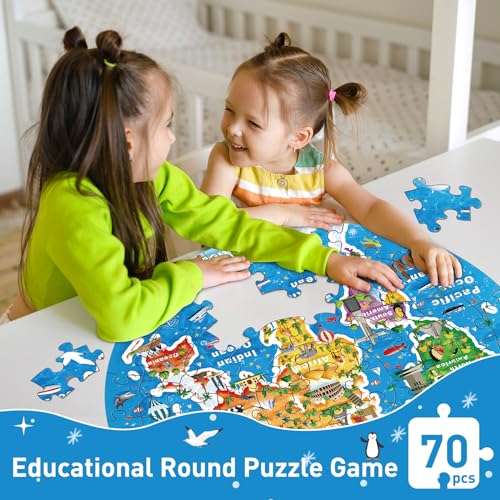 World Map Round Jigsaw Puzzles,Geography Floor Puzzle for Kids,Large 70 Piece Puzzle for Toddler Ages 3-5,Preschool Learning Educational Christmas Birthday Gift Gift for 4-8 Years Old Boy Girl