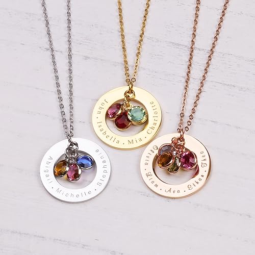 Birthstone Necklace for Mom 1 to 5 Kids Names and Birth Month Stones, Custom Family Jewelry for Women, Personalized Birthday Day, Mother's Day Gift for Wife Girlfriend, Grandma, 18k Gold Plated