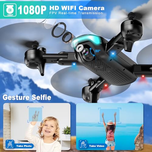 REDRIE Drone with Camera - Foldable Drone for Kids Adults with 1080P FPV Camera, Upgrade Altitude Hold, Gestures Selfie, Waypoint Fly, Headless Mode, 3D Flip, One Key Start, 3 Speed Mode, Circle Fly, 2 Batteries