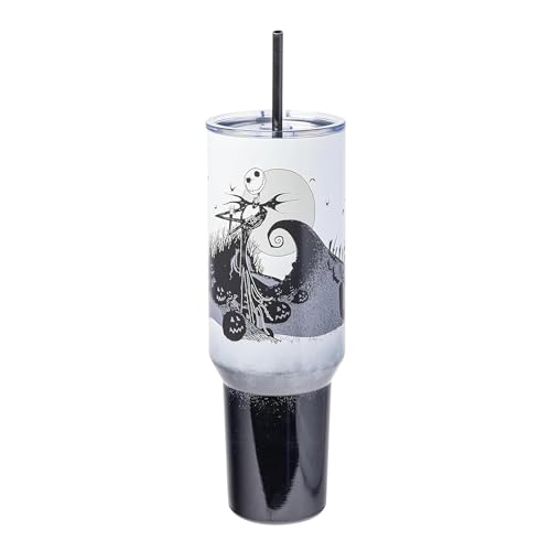 Silver Buffalo Disney Nightmare Before Christmas by Tim Burton Jack Skellington Hill and Moon Stainless Steel Tumbler with Handle and Straw, Fits in Standard Cup Holder, 40 Ounces