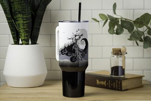 Silver Buffalo Disney Nightmare Before Christmas by Tim Burton Jack Skellington Hill and Moon Stainless Steel Tumbler with Handle and Straw, Fits in Standard Cup Holder, 40 Ounces