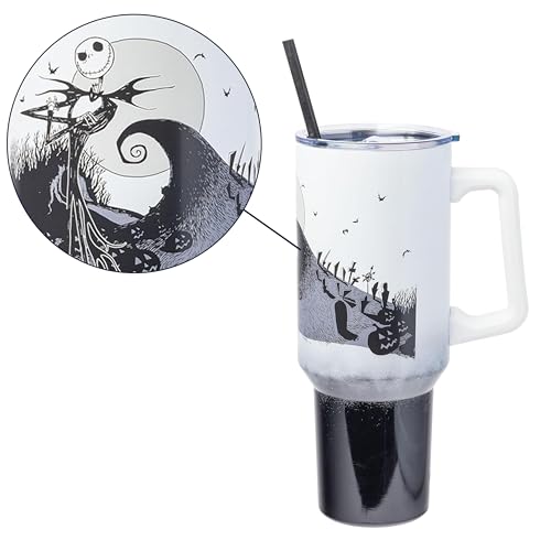 Silver Buffalo Disney Nightmare Before Christmas by Tim Burton Jack Skellington Hill and Moon Stainless Steel Tumbler with Handle and Straw, Fits in Standard Cup Holder, 40 Ounces