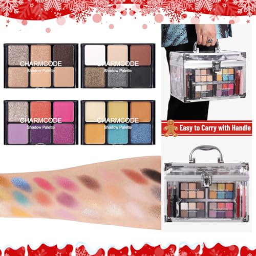 Makeup Kit for Women Full Kit - Eyeshadow Palette, Lipsticks, Lipgloss, Blushes, Contour, Highlighters, Makeup Pencil, False Eyelashes, Re-usable Train Case Gift Set for Teen Girls Starters Pros