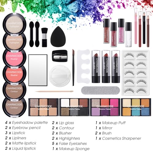 Makeup Kit for Women Full Kit - Eyeshadow Palette, Lipsticks, Lipgloss, Blushes, Contour, Highlighters, Makeup Pencil, False Eyelashes, Re-usable Train Case Gift Set for Teen Girls Starters Pros