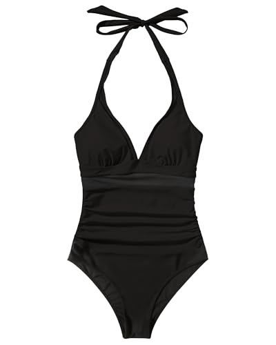 RXRXCOCO Women Sexy V Neck Mesh One Piece Bathing Suit Halter Push Up Tummy Control Swimsuit Swimwear