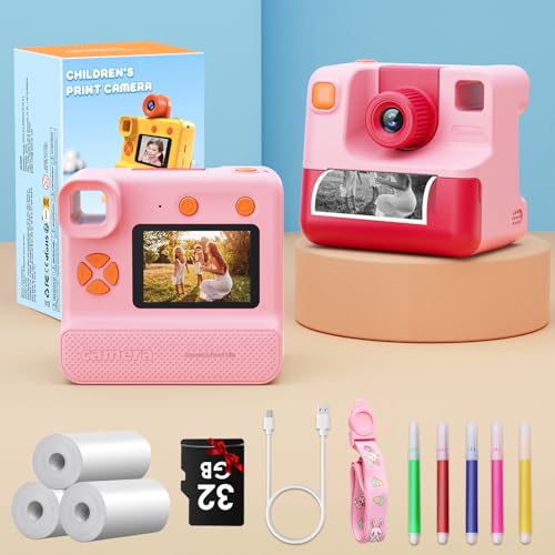 Kids Camera Instant Print, Digital Camera, Selfie 1080P Video Camera with 32G TF Card, Toys Gifts for Girls Boys Aged 3-14 for Christmas/Birthday/Holiday (Pink)