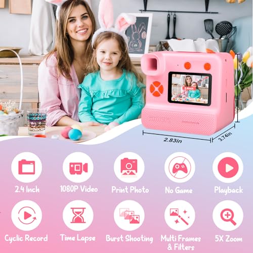 Kids Camera Instant Print, Digital Camera, Selfie 1080P Video Camera with 32G TF Card, Toys Gifts for Girls Boys Aged 3-14 for Christmas/Birthday/Holiday (Pink)