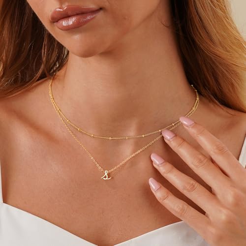 Yoosteel Gold Initial Necklaces for Women, Dainty 14K Gold Plated Layered Initial M Pendant Choker Necklace Tiny Initial Necklace Layered Gold Initial Necklaces for Women Jewelry