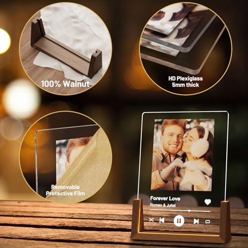 LUCKOR Unique Personalized Anniversary Gifts for Men Women, Customized LED Walnut Frame with Photos for Couple Boyfriend Girlfriend, Custom Spotify Plaque Birthday Gifts for Her Him Friends