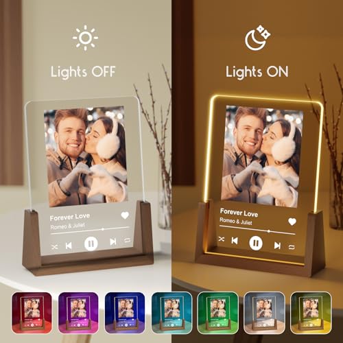 LUCKOR Unique Personalized Anniversary Gifts for Men Women, Customized LED Walnut Frame with Photos for Couple Boyfriend Girlfriend, Custom Spotify Plaque Birthday Gifts for Her Him Friends