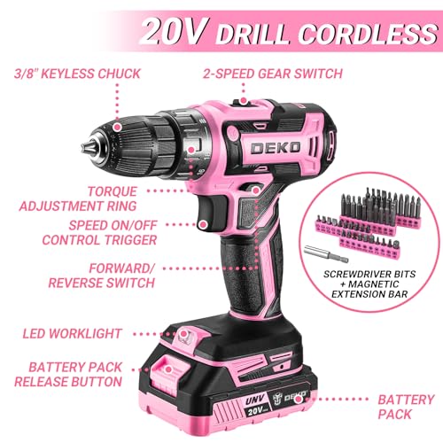 Pink Drill Tool Kit Set: 20V Cordless Power Drill Tool Box with Battery Electric Drill Driver for Men Home Hand Repair Basic Toolbox Tools Sets Drills Case