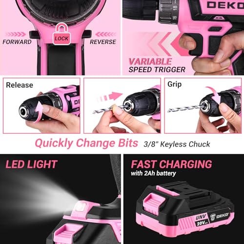 Pink Drill Tool Kit Set: 20V Cordless Power Drill Tool Box with Battery Electric Drill Driver for Men Home Hand Repair Basic Toolbox Tools Sets Drills Case