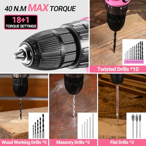 Pink Drill Tool Kit Set: 20V Cordless Power Drill Tool Box with Battery Electric Drill Driver for Men Home Hand Repair Basic Toolbox Tools Sets Drills Case