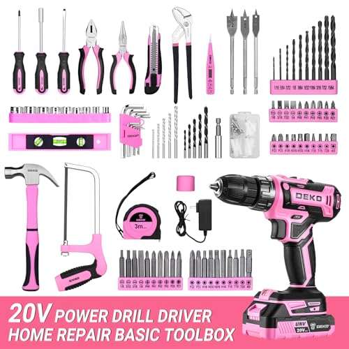 Pink Drill Tool Kit Set: 20V Cordless Power Drill Tool Box with Battery Electric Drill Driver for Men Home Hand Repair Basic Toolbox Tools Sets Drills Case