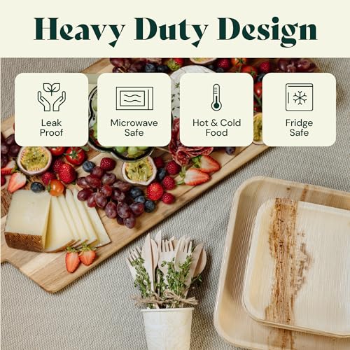 Chic Leaf Party Supplies Tableware 340 Pcs Bulk Pack for 45 Guests - 100% Biodegradable Palm Leaf Disposable Dinnerware Set, Sturdy 10'' & 7'' Plates w/ 10 Oz Cups, Napkins, Forks, Knifes & Spoons