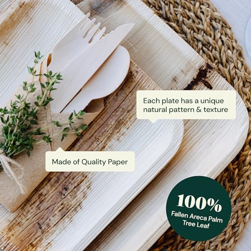 Chic Leaf Party Supplies Tableware 340 Pcs Bulk Pack for 45 Guests - 100% Biodegradable Palm Leaf Disposable Dinnerware Set, Sturdy 10'' & 7'' Plates w/ 10 Oz Cups, Napkins, Forks, Knifes & Spoons