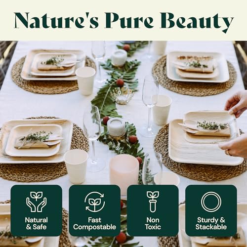 Chic Leaf Party Supplies Tableware 340 Pcs Bulk Pack for 45 Guests - 100% Biodegradable Palm Leaf Disposable Dinnerware Set, Sturdy 10'' & 7'' Plates w/ 10 Oz Cups, Napkins, Forks, Knifes & Spoons