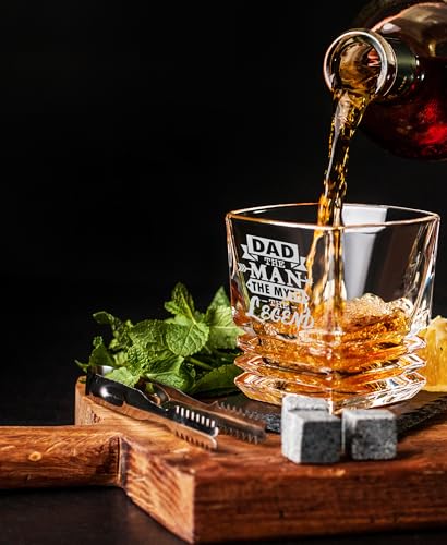 Fathers Day Gift - Best Dad Ever Whiskey Glass - Bourbon Whisky Rocks Chilling Stones Set - Best Bonus Dad Stepdad Father Grandfather Papa - Scotch Glass in Wooden Box - Birthday Gift