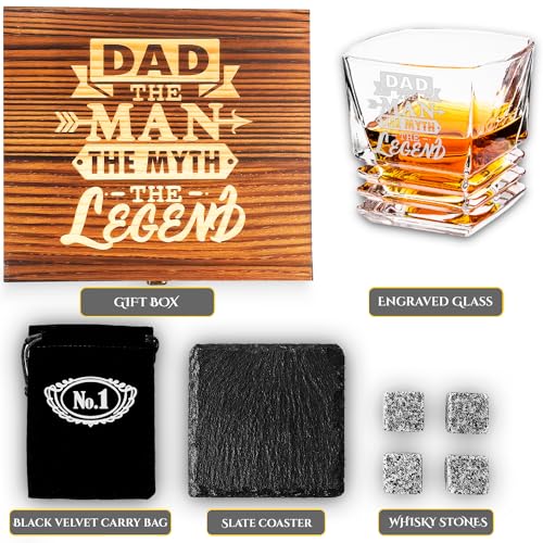 Fathers Day Gift - Best Dad Ever Whiskey Glass - Bourbon Whisky Rocks Chilling Stones Set - Best Bonus Dad Stepdad Father Grandfather Papa - Scotch Glass in Wooden Box - Birthday Gift