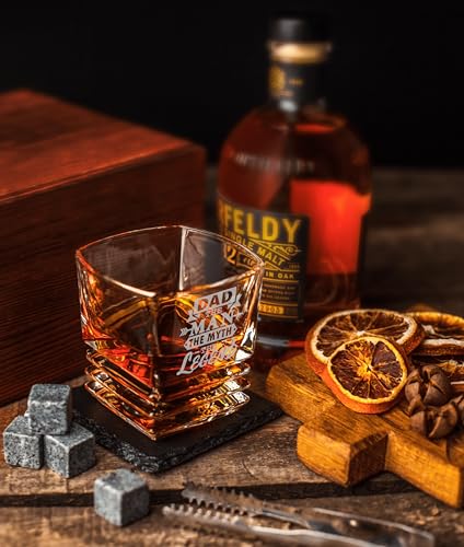 Fathers Day Gift - Best Dad Ever Whiskey Glass - Bourbon Whisky Rocks Chilling Stones Set - Best Bonus Dad Stepdad Father Grandfather Papa - Scotch Glass in Wooden Box - Birthday Gift