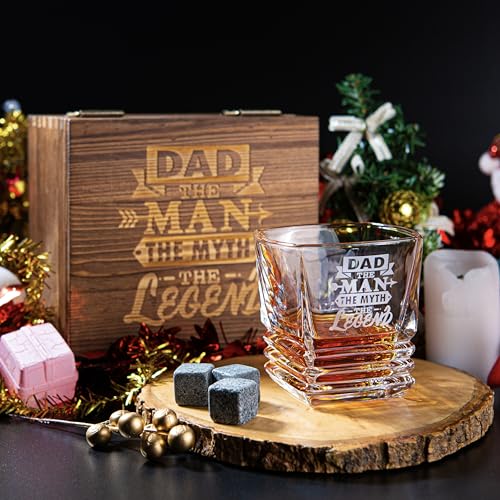 Fathers Day Gift - Best Dad Ever Whiskey Glass - Bourbon Whisky Rocks Chilling Stones Set - Best Bonus Dad Stepdad Father Grandfather Papa - Scotch Glass in Wooden Box - Birthday Gift