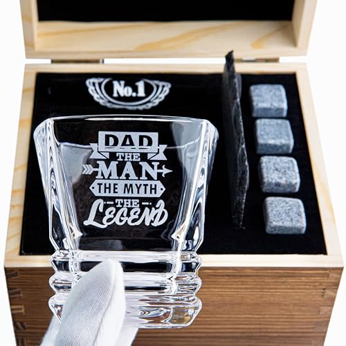 Fathers Day Gift - Best Dad Ever Whiskey Glass - Bourbon Whisky Rocks Chilling Stones Set - Best Bonus Dad Stepdad Father Grandfather Papa - Scotch Glass in Wooden Box - Birthday Gift