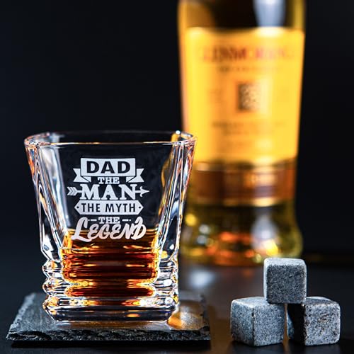 Fathers Day Gift - Best Dad Ever Whiskey Glass - Bourbon Whisky Rocks Chilling Stones Set - Best Bonus Dad Stepdad Father Grandfather Papa - Scotch Glass in Wooden Box - Birthday Gift