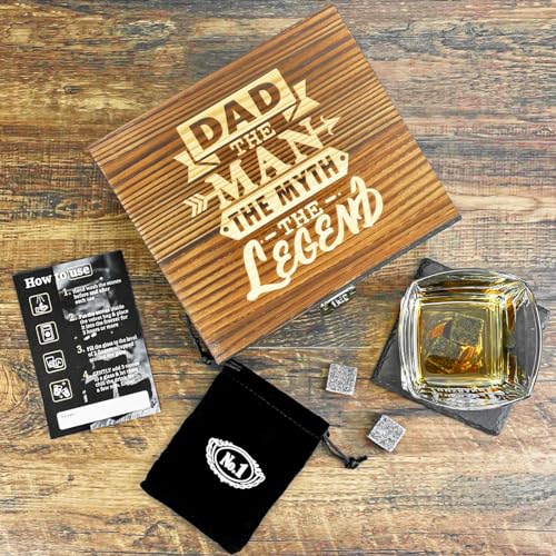 Fathers Day Gift - Best Dad Ever Whiskey Glass - Bourbon Whisky Rocks Chilling Stones Set - Best Bonus Dad Stepdad Father Grandfather Papa - Scotch Glass in Wooden Box - Birthday Gift