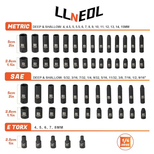 1/4 Inch Drive Impact Socket Set, 83Pcs Socket Wrench Set Metric & SAE from 4-15mm, 5/32-9/16", 6 Point CR-V Deep & Shallow Sockets Kit with 72T Ratchet Handle, E Torx, for Automotive & Home