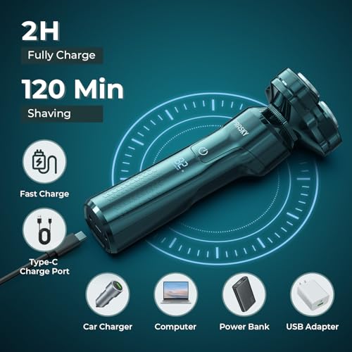 Electric Razor for Men, 3-in-1 Face Shaver, Rotary LED Display, Rechargeable, Floating Head, Replaceable Blades, Portable Travel Beard Trimmer, Hair Clippers Kit, Ideal Gift - Green