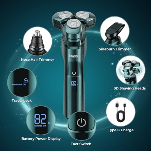 Electric Razor for Men, 3-in-1 Face Shaver, Rotary LED Display, Rechargeable, Floating Head, Replaceable Blades, Portable Travel Beard Trimmer, Hair Clippers Kit, Ideal Gift - Green