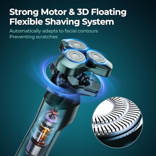 Electric Razor for Men, 3-in-1 Face Shaver, Rotary LED Display, Rechargeable, Floating Head, Replaceable Blades, Portable Travel Beard Trimmer, Hair Clippers Kit, Ideal Gift - Green